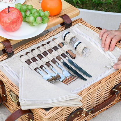 Multifunctional Wicker Picnic Basket Set for 4 with Blanket and Picnic Table, Insulated Picnic Set with Full Tablewares for Camping Outdoor Couples,Natural