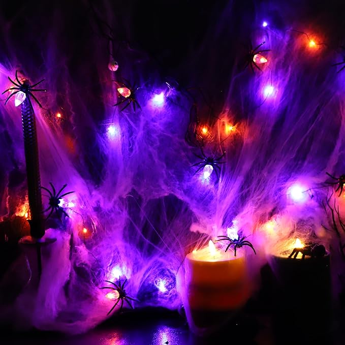 Halloween Decorations Spider Web Lights 8.6ft 30LED Purple Orange Fairy Lights Battery Operated Fall Lights with Remote Timer 8 Modes Net Light for Fall Halloween Outdoor Haunted House Decor