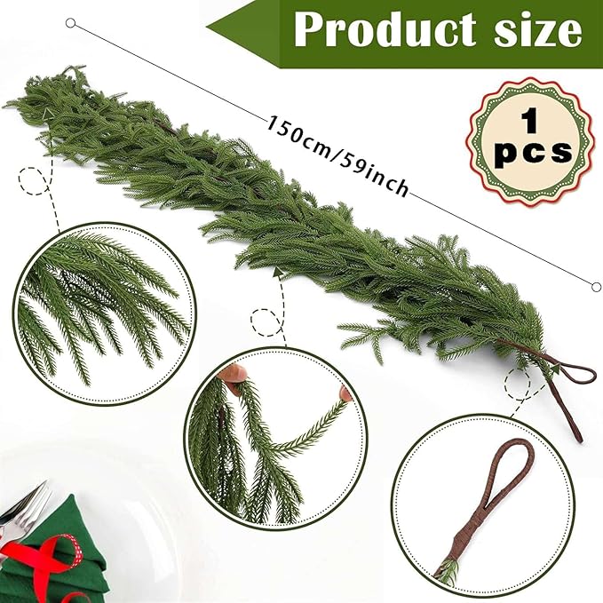 Christmas Garlands Artificial Norfolk Pine Garland Real Touch Faux Greenery Garland for Holiday, Fireplace, Mantle, Window, Stairs, Indoor, Outdoor Decor, 5FT