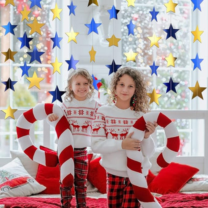 Patelai Glitter Star Garland Banner Christmas Decor 130 Feet Star Hanging Bunting Banner Twinkle Backdrop for Homecoming Classroom Wedding Birthday Halloween Party Supplies(Blue, Gold)
