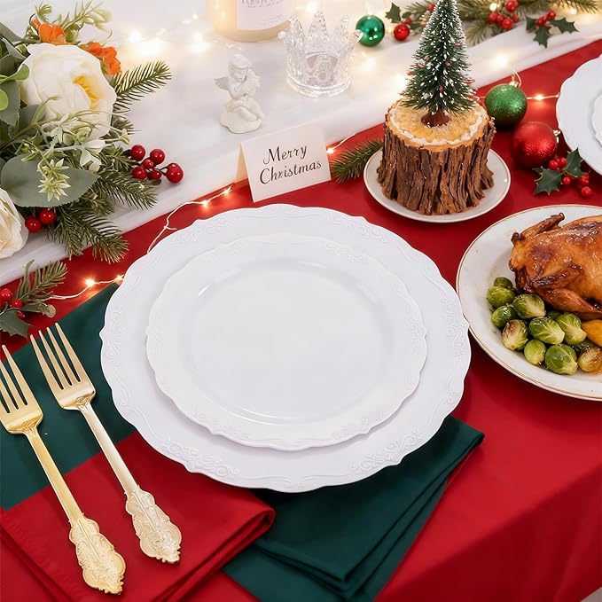 U-QE 100 Pieces White Plastic Plates - White Disposable Plates - Premium Hard Plastic Disposable Plates for Christmas and Party Use Including 50 Dinner Plates 10 '' & 50 Dessert Plates 7.5 ''