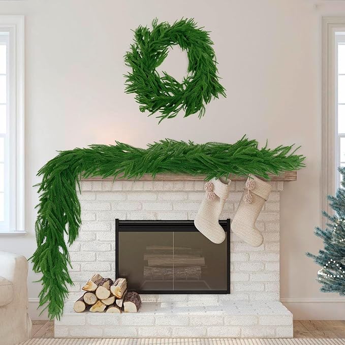 2Pcs 6 FT Artificial Norfolk Pine Garlands, Realistic Christmas Garland Thickness Real Touch Winter Greenery Garland for Table Mantle Wall Indoor Outdoor Christmas Decor