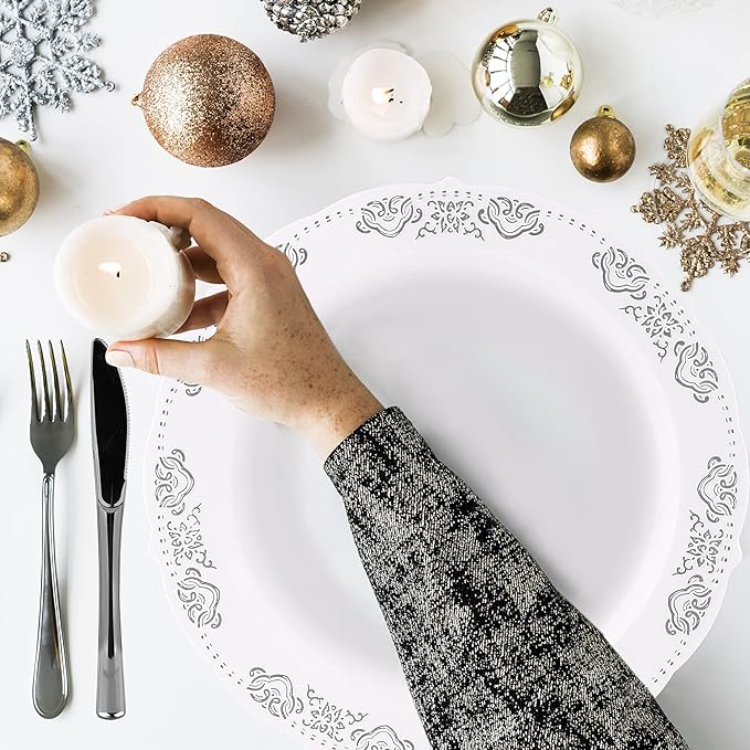 FULING 175 Pieces Silver White Dinnerware Set For 25 Guest Disposable Tableware Plastic Cutlery 5-Sets, With 12oz Cups, Knife, Fork, Spoon, Dinner Paper Each 25 Pieces For Wedding, Birthday, Party