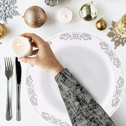 FULING 175 Pieces Silver White Dinnerware Set For 25 Guest Disposable Tableware Plastic Cutlery 5-Sets, With 12oz Cups, Knife, Fork, Spoon, Dinner Paper Each 25 Pieces For Wedding, Birthday, Party