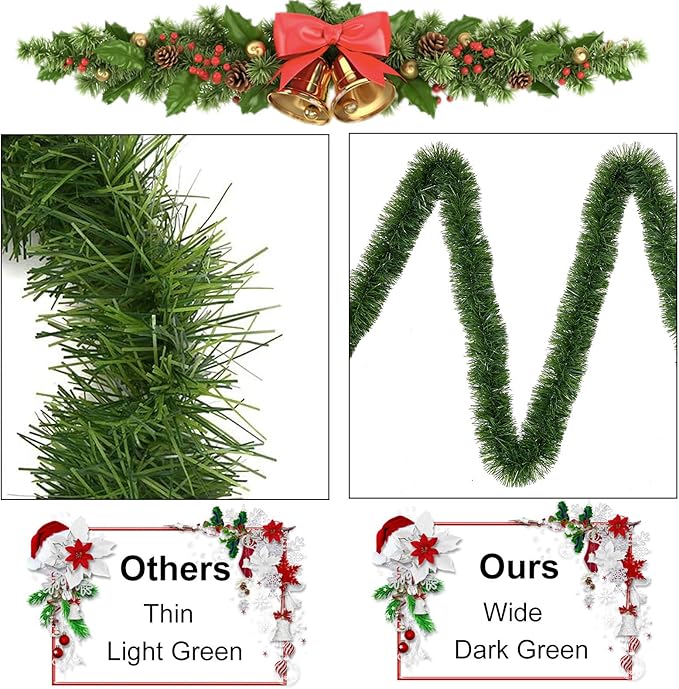 Zhuqing 3 Pack 50 Feet Green Plastic Soft Artificial Christmas Garland for Indoor/Outdoor Decoration