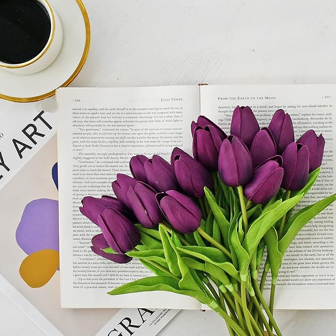 ONLY ART Artificial Purple Tulips 20 Pcs – 13.5 Inch PU Faux Flowers with Bendable Stems for Home Décor, Wedding Centerpieces, DIY Floral Arrangements, Table Decorations