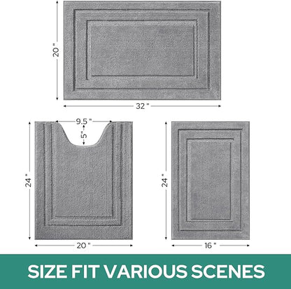 HOMEIDEAS Bathroom Rugs Sets 3 Piece, Super Soft and Absorbent Non Slip Microfiber Toilet Bath Mat with U-Shaped (Grey)