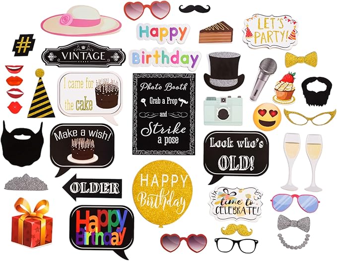 Birthday Photo Booth Props - 41-pc Kit with 8 x 10-Inch Sign, 60 Adhesive Pads, 45 Sticks