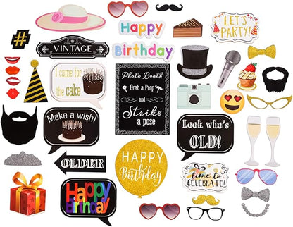 Birthday Photo Booth Props - 41-pc Kit with 8 x 10-Inch Sign, 60 Adhesive Pads, 45 Sticks