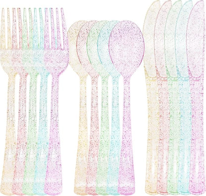 150 PCS Clear Pastel Plastic Silverware Disposable Pastel Utensils Set Heavy Duty Includes 50 Forks 50 Knives 50 Spoons for Birthday Wedding Baby Shower, Tea Party