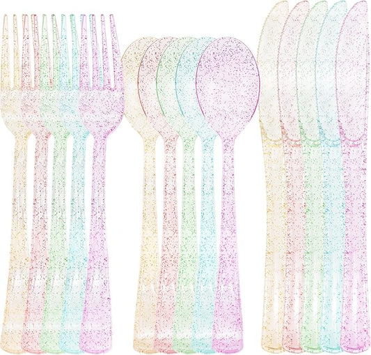 150 PCS Clear Pastel Plastic Silverware Disposable Pastel Utensils Set Heavy Duty Includes 50 Forks 50 Knives 50 Spoons for Birthday Wedding Baby Shower, Tea Party