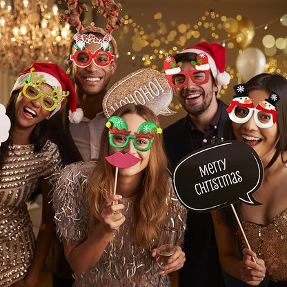 Christmas Accessories Bulk 24 Pack - Xmas Glitter Glasses Frames to Wear, One Size Holiday Eyeglasses Party Favors Supplies, Friendsmas Classroom Gifts Prizes Photo Props Decor for Costume