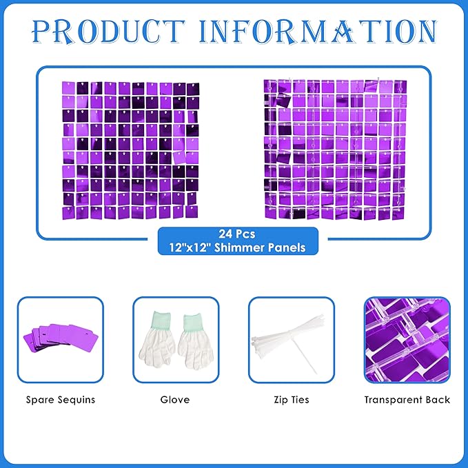 Shimmer Wall Backdrop Purple Square Sequin Wall Panel Backdrop Decor for Wedding, Anniversary, Birthday, Party, 24 Panels