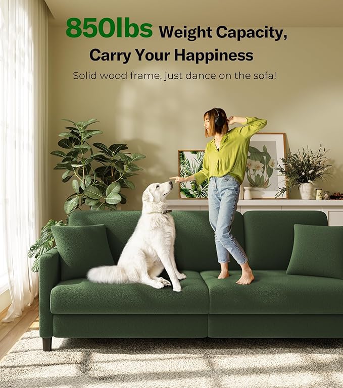 83" Couches for Living Room, Comfy Sofas for Living Room with Storage Ottomans, Teddy Sofa Couch, Tool-Free Loveseat Sofa, All-Wood Love Seat Couches, U Shaped Couch 2 Pillow Included, Green
