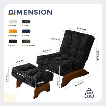 MAXYOYO Accent Chair with Ottoman Adjustable Backrest, Tufted Living Room Chair Upholstered Lounge Chair with Footrest Set, Modern Chair Cozy Reclining for Reading Room, Black