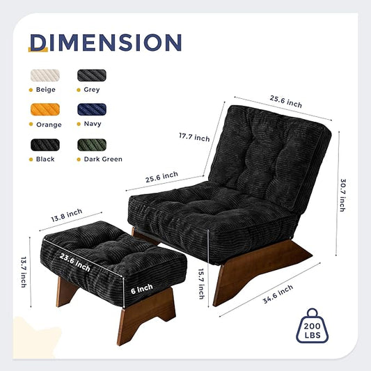 MAXYOYO Accent Chair with Ottoman Adjustable Backrest, Tufted Living Room Chair Upholstered Lounge Chair with Footrest Set, Modern Chair Cozy Reclining for Reading Room, Black