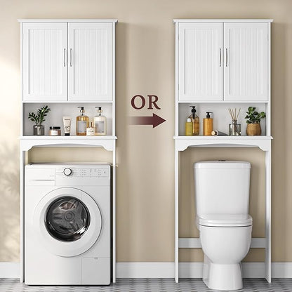 Yaheetech Over The Toilet Cabinet, Double Door Bathroom Storage Organizer, Toilet Rack with Inner Adjustable Shelf and Open Storage Shelf, White