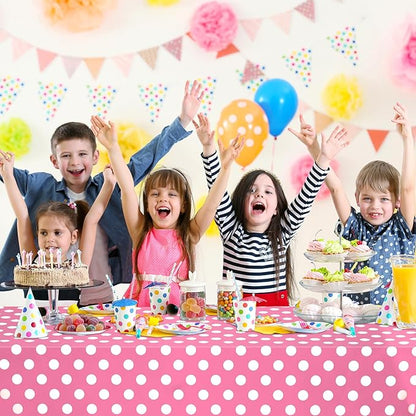 WNINK 6 Pack Pink and White Polka Dot Tablecloths – Disposable Plastic Waterproof Table Cover, 54" x 108", for Birthday, Wedding, Bridal Shower, Bachelor, Pink Girl Party, and Picnic