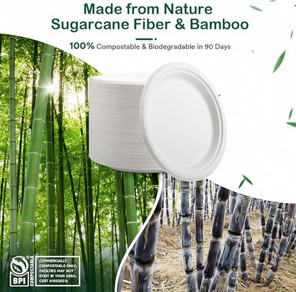 𝟔 𝐈𝐧𝐜𝐡, 𝟏𝟐𝟖-𝐏𝐚𝐜𝐤 Compostable Paper Plates, Heavy-Duty Biodegradable Disposable Dish Made from Bagasse, Perfeck for Snacks, Desserts, Party, Wedding and More (White)