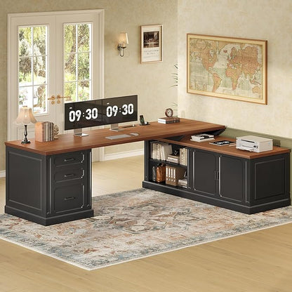 SEDETA Farmhouse L Shaped Desk with Drawers, 70.9" Home Office Desk with Storage Cabinet and Storage Shelves, L Shaped Computer Desk with Power Outlet，Black