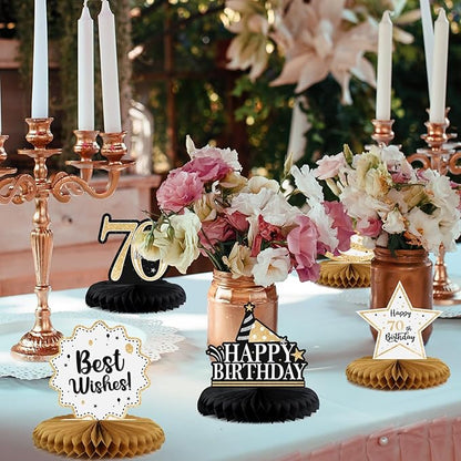 Happy 70th Birthday Decorations,70th Bday Gold Glitter Shiny Stand Honeycomb Table Centerpieces - Cheers to Seventy Years Old Birthday Party Photoprop Gift Sign.