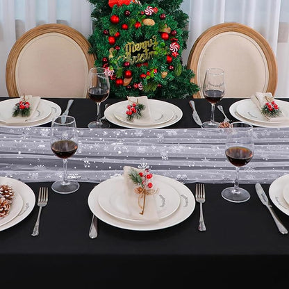 Snowkingdom Silver White Snowflake Table Runner 10 FT Christmas Sheer Chiffon Gauze Cheesecloth Runner, 120 Inch Winter Sparkly Sequin Party Dining Table Decorations for Christmas Holiday New Year
