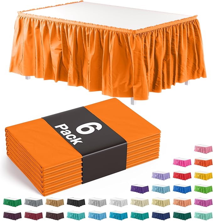 Exquisite Ruffle Table Skirt Orange 6 Pack 14 Ft Long Table Skirts for Rectangle Tables 6ft Plus or Round Tables Skirts with Adhesive Strip for Gender Reveal Decor & Happy Birthday Parties