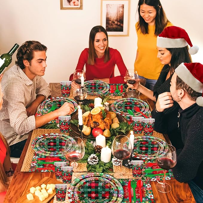 Avezano 192 Pcs Christmas Paper Plates and Napkins Merry Chirstmas Party Tableware Decorations Plaid Christmas Tree Disposable Dinnerware Set Serve 24 (Red)