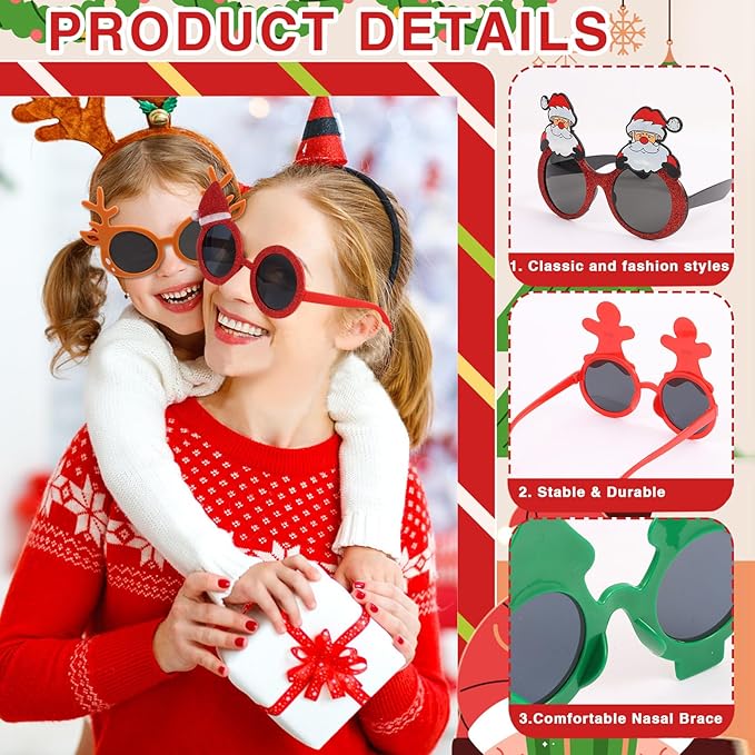 Christmas and New Year Party Glasses Set, 24 Pieces Novelty XMAS Eyeglasses, Photo Booth Props for Holiday Celebration, Christmas Party Favors, New Year's Eve Party Supplies