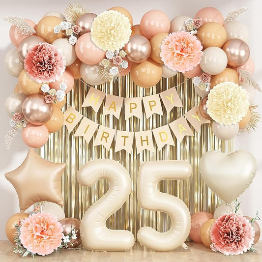 Beige 25th Birthday Decorations for Her Cream Number 25 Balloon Nude Gold Happy Birthday Banner Fringe Curtain Paper Pom Poms Blush White Sand Champagne Star Foil Balloons Neutral Boho Party Decor