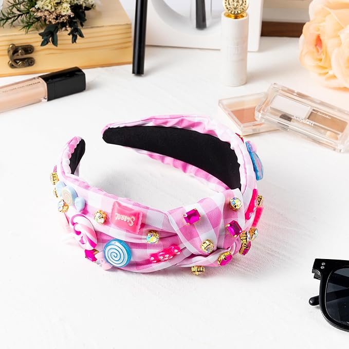 PANTIDE Candy Jeweled Knotted Headband - Christmas Sugar Lollipop Rhinestone Crystal Embellished Preppy Headband Wide Top Knot Hairband Hair Accessories Birthday Gift for Women Girls (Pink Plaid)