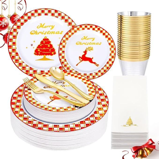 Ciaell 175PCS Christmas Plastic Plates - Red and Gold Plaid Plates include 25Dinner Plate, 25Dessert Plate, 25Knives, 25Forks, 25Spoons, 25cups, 25 Christmas Napkins for Christmas Party