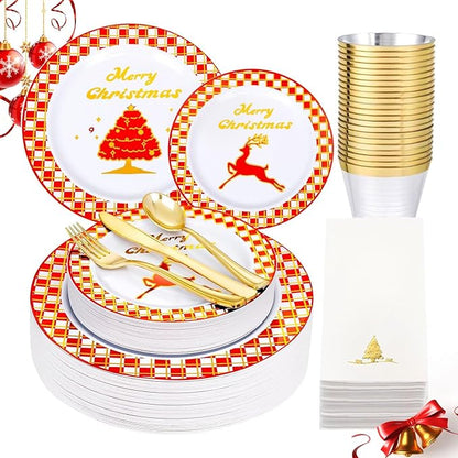 Ciaell 175PCS Christmas Plastic Plates - Red and Gold Plaid Plates include 25Dinner Plate, 25Dessert Plate, 25Knives, 25Forks, 25Spoons, 25cups, 25 Christmas Napkins for Christmas Party