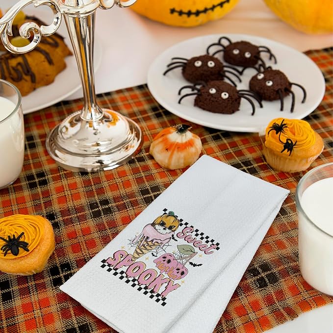 Preppy Halloween Kitchen Towels, Ice Cream Lovers Gifts Dish Tea Towels for Kitchen Decor, Spooky Ice Cream Cherry Halloween Skull Decorative Hand Towel for Bathroom, 16x24 Inches