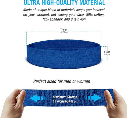 Suddora Workout Headband for Men and Women, Moisture-Wicking Athletic Sweatband, Lightweight Cotton Terry Cloth Bands for Basketball, Tennis, Football, Gym, Running, Cosplay & Costumes