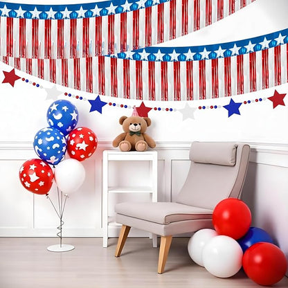 4th of July Decorations 2 Packs 39FT Patriotic Foil Fringe Garland,1 Pack 4.2FT Wooden Bead Garland, Red White Blue Patriotic Metallic Tinsel American Flag Banner of Halloween Party Independence Day