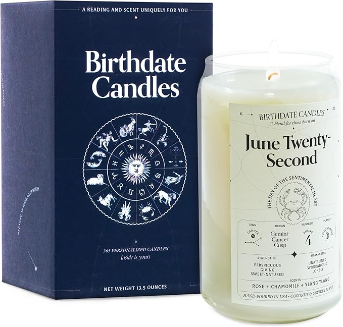 Birthdate Candles, June 22 - Cancer Zodiac Scented Candles Birthday Gift - Rose, Chamomile & Ylang Ylang Scent - All-Natural Soy & Coconut Wax, 60-80 Hour Burn Time - Made in USA
