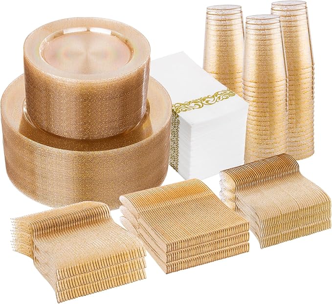 I00000 700 Pcs Gold Glitter Plastic Dinnerware Sets, Disposable Plates for Party, Include: 100 Dinner Plate,100 Dessert Plate,100 Paper Napkins, 100 Cups,100 Plastic Silverware Set