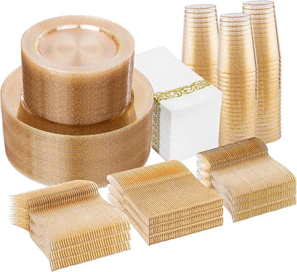 I00000 700 Pcs Gold Glitter Plastic Dinnerware Sets, Disposable Plates for Party, Include: 100 Dinner Plate,100 Dessert Plate,100 Paper Napkins, 100 Cups,100 Plastic Silverware Set