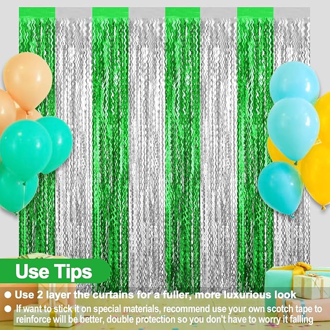 4 Pack Silver Green Fringe Curtain Backdrop 3.2Ft x 8.2Ft Metallic Tinsel Foil Fringe Streamers Background for Photo Booth Mother's Day, Easter, Carnival, Birthday, Wedding Party Decoration