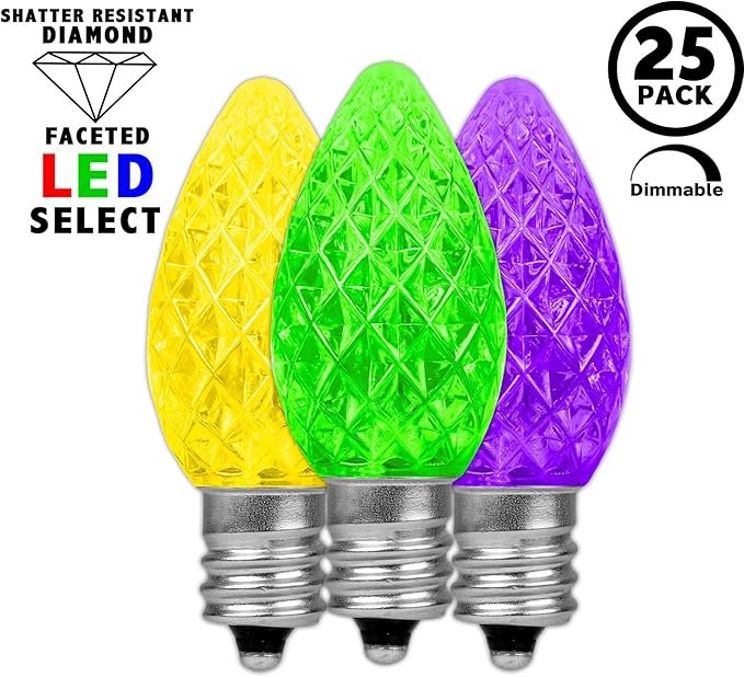 Novelty Lights 25pk Yellow/Purple/Green C7 LED Faceted Christmas Light Replacement Bulbs, Ultra Bright Dimmable Replacement Lamps for Indoor/Outdoor Light Strings