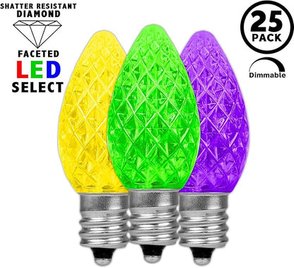 Novelty Lights 25pk Yellow/Purple/Green C7 LED Faceted Christmas Light Replacement Bulbs, Ultra Bright Dimmable Replacement Lamps for Indoor/Outdoor Light Strings