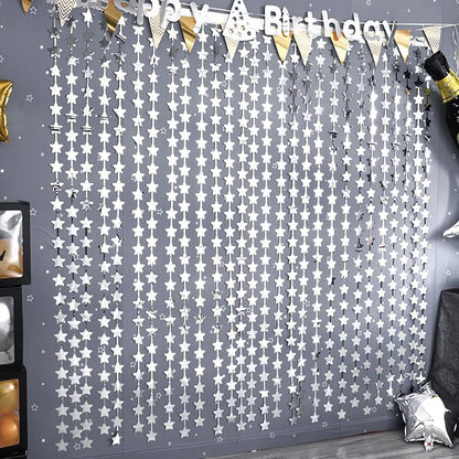 LOLStar 2 Pack Glitter Silver Stars Birthday Decorations 3.3X6.6 ft Each Silver Star Backdrop Foil Fringe Curtains,Perfect for New Year Eve 2026 Twinkle Star Space Celebration Disco Party Decor