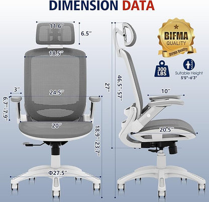 GABRYLLY Ergonomic Office Chair, High Back Home Desk Chair with Headrest, Flip-Up Arms, 90-120° Tilt Lock and Wide Cushion, 300LBS Mesh Chairs for Man Woman, White Task Chair(Dark Grey,GY01WDG)