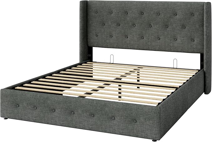 Allewie Queen Size Lift Up Storage Bed, Button Tufted Headboard with Wingback, Hydraulic Support, No Box Spring Needed, Dark Grey