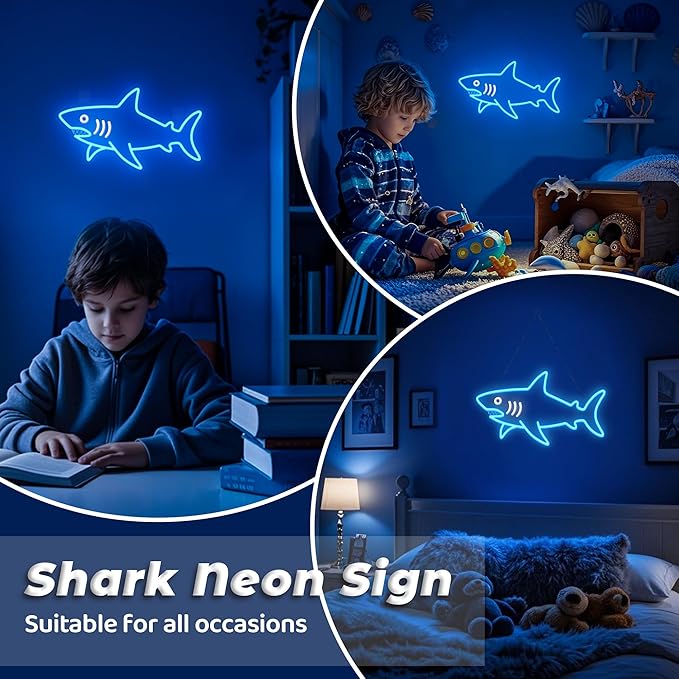 Shark Neon Sign, Dimmable LED Shark Light Animal Wall Decor, Christmas Gift White Elephant Gifts for Boys Men, Bedroom Living Room Man Cave Home Decoration With USB Powered