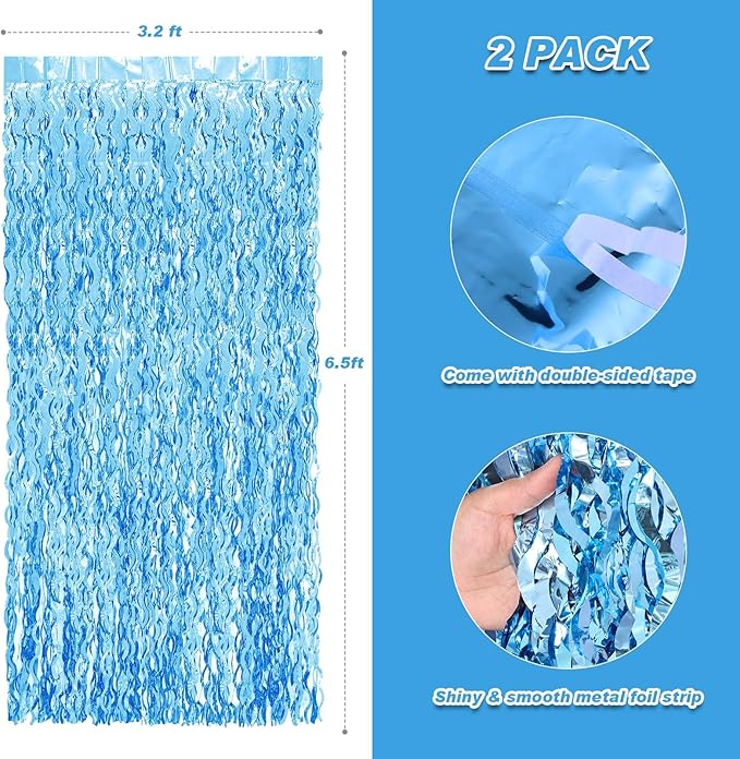 2 Pack 3.2x6.5 Feet Wavy Blue Backdrop Curtain Tinsel Streamers Foil Fringe Backdrop Ocean Themed Decor Baby Shower Bachelorette Disco Winter Under The Sea Summer Pool Beach Party Decorations
