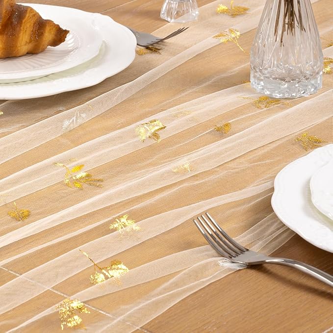 Maple Gold Table Runner for Thanksgiving - Sheer Gauze Cheesecloth 120 Inch with Glitter Harvest Table Decor for Family Feasts Dining Room Home Celebration - Beige