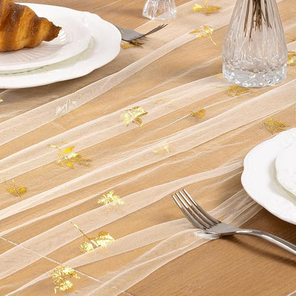 Maple Gold Table Runner for Thanksgiving - Sheer Gauze Cheesecloth 120 Inch with Glitter Harvest Table Decor for Family Feasts Dining Room Home Celebration - Beige