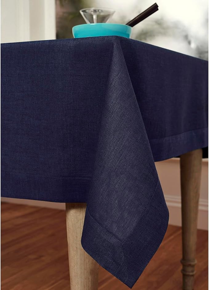 Solino Home Linen Tablecloth 60 x 120 Inch - 100% Pure Linen Chambray Navy Table Cloth for Rectangular Tables - Athena, Machine Washable Cloth Tablecloth for Fall, Christmas, Winter, New Year